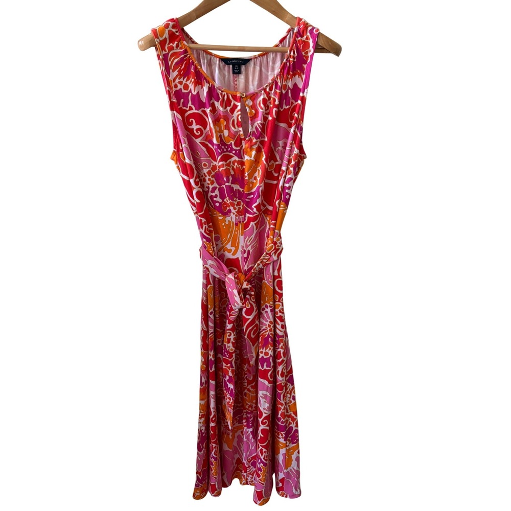 Lands End Womens Pink Orange Floral Sleeveless Keyhole Midi Dress Size M‎ 10-12